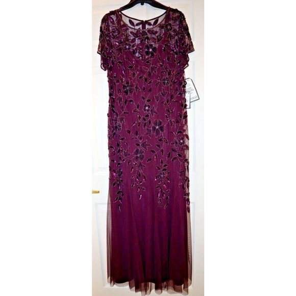 Adrianna Papell Plus Sz 16W Night Plum Hand Beaded S/S Floral Godet Gown $379 - Picture 1 of 10